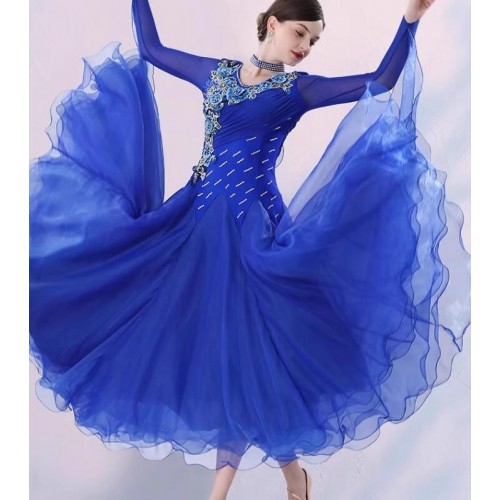 Red royal blue violet competition ballroom dance dresses for women girls gemstones with appliques flowers glitter waltz tango foxtrot smooth dance long gown